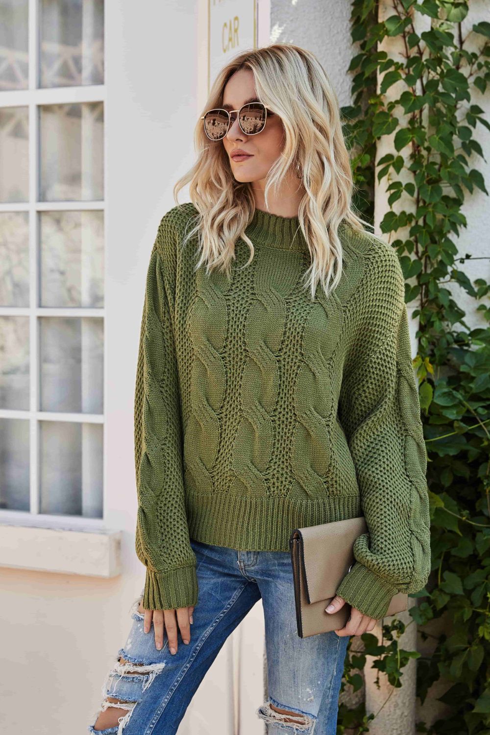 Casual Mixed Knit Round Neck Crewneck Sweater with Dropped Shoulders