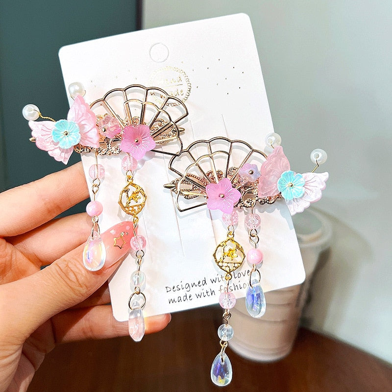 2 Pieces per Set of New Korean-style Yarn-made Elegant Butterfly-shaped Hairpin Flowers with Metal Tassels - Long Hairgrips for Party - A Combo of Fashionable Hair Accessories Hair Clip