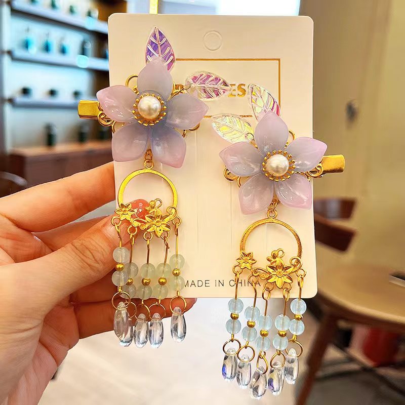 2 Pieces per Set of New Korean-style Yarn-made Elegant Butterfly-shaped Hairpin Flowers with Metal Tassels - Long Hairgrips for Party - A Combo of Fashionable Hair Accessories Hair Clip