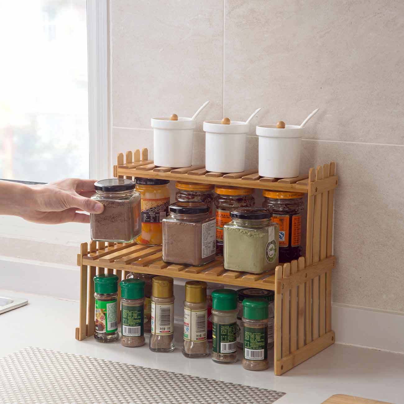 Eco-Friendly Double-Layer Bamboo Storage Rack for Kitchen Spice Jars and More