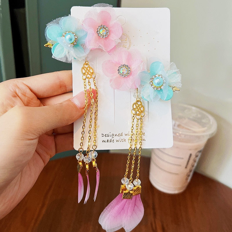 2 Pieces per Set of New Korean-style Yarn-made Elegant Butterfly-shaped Hairpin Flowers with Metal Tassels - Long Hairgrips for Party - A Combo of Fashionable Hair Accessories Hair Clip