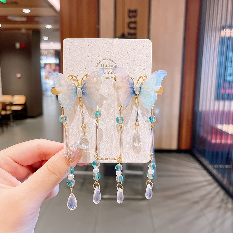 2 Pieces per Set of New Korean-style Yarn-made Elegant Butterfly-shaped Hairpin Flowers with Metal Tassels - Long Hairgrips for Party - A Combo of Fashionable Hair Accessories Hair Clip