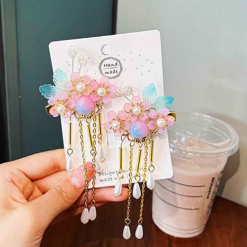 2 Pieces per Set of New Korean-style Yarn-made Elegant Butterfly-shaped Hairpin Flowers with Metal Tassels - Long Hairgrips for Party - A Combo of Fashionable Hair Accessories Hair Clip