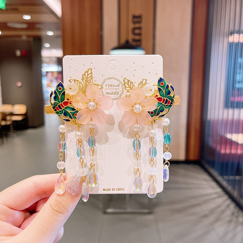 2 Pieces per Set of New Korean-style Yarn-made Elegant Butterfly-shaped Hairpin Flowers with Metal Tassels - Long Hairgrips for Party - A Combo of Fashionable Hair Accessories Hair Clip