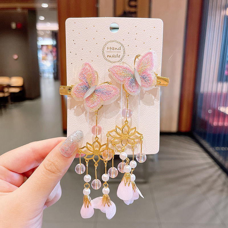2 Pieces per Set of New Korean-style Yarn-made Elegant Butterfly-shaped Hairpin Flowers with Metal Tassels - Long Hairgrips for Party - A Combo of Fashionable Hair Accessories Hair Clip