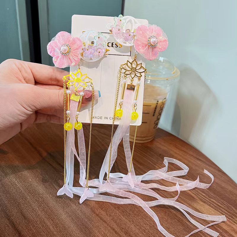 2 Pieces per Set of New Korean-style Yarn-made Elegant Butterfly-shaped Hairpin Flowers with Metal Tassels - Long Hairgrips for Party - A Combo of Fashionable Hair Accessories Hair Clip