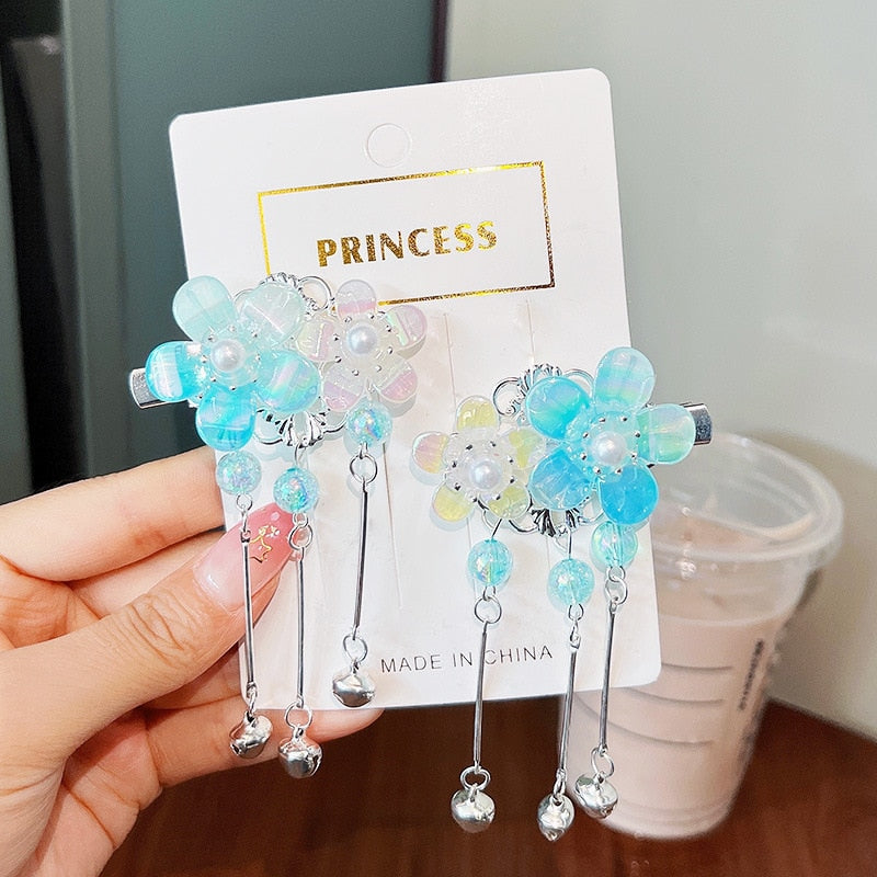 2 Pieces per Set of New Korean-style Yarn-made Elegant Butterfly-shaped Hairpin Flowers with Metal Tassels - Long Hairgrips for Party - A Combo of Fashionable Hair Accessories Hair Clip