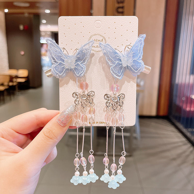 2 Pieces per Set of New Korean-style Yarn-made Elegant Butterfly-shaped Hairpin Flowers with Metal Tassels - Long Hairgrips for Party - A Combo of Fashionable Hair Accessories Hair Clip