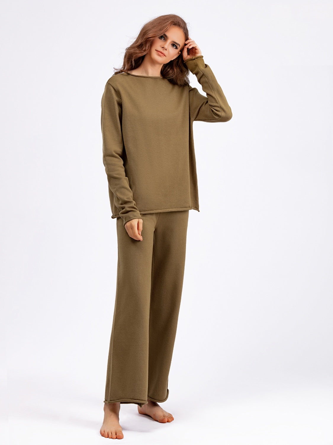 Fashionable Acrylic Rolled Round Neck Sweater Top and Pants Two - Piece Set