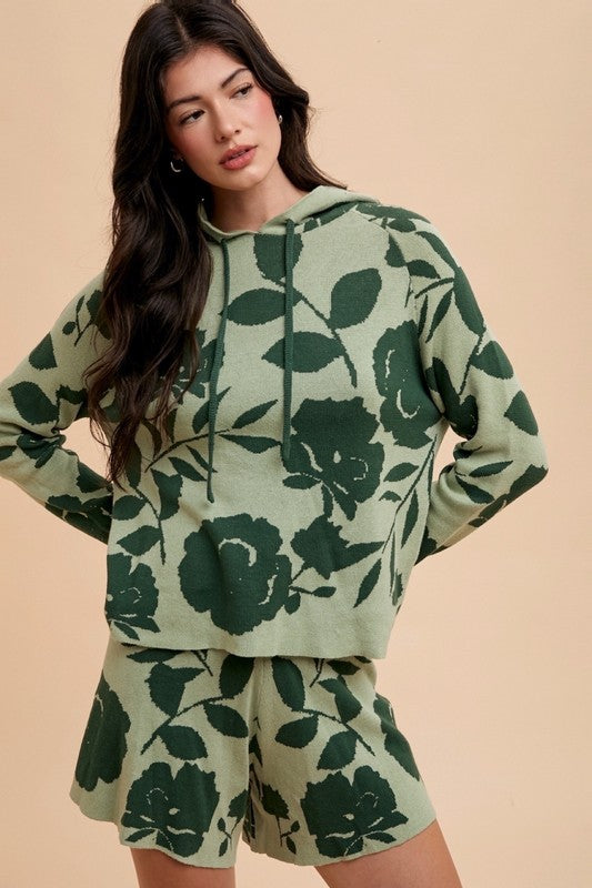 Annie Wear Fashionable Flower Pattern Drawstring Hooded Sweater Top and Matching Shorts Set for Casual Wear