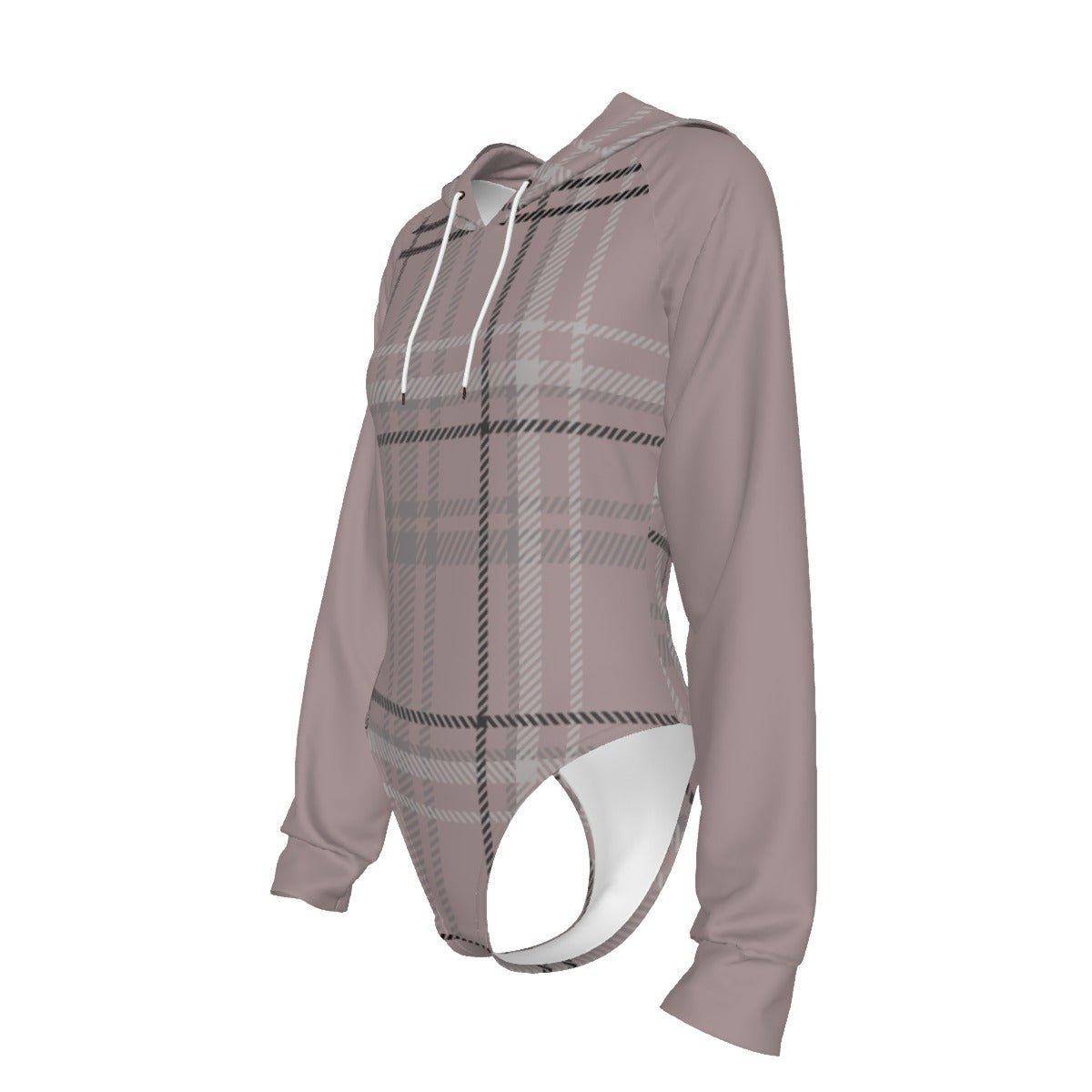 Antique Rose Plaid Women's All-Over Print Raglan Sleeve Hooded Bodysuit by Dunbi