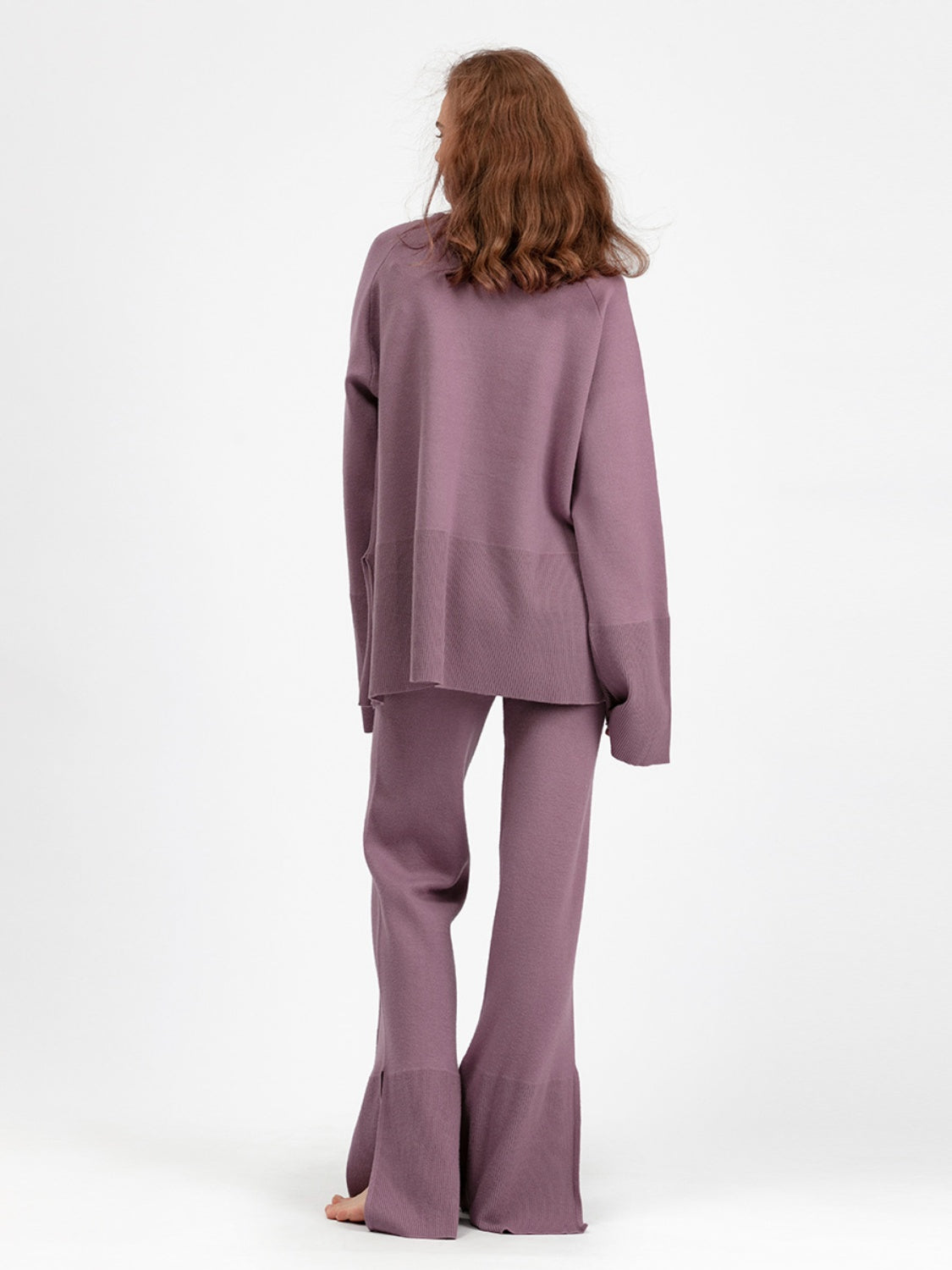 Casual Basic Fashionable Slit Round Neck Long Sleeve Sweater Top and Drawstring Waist Pants Two - piece Set