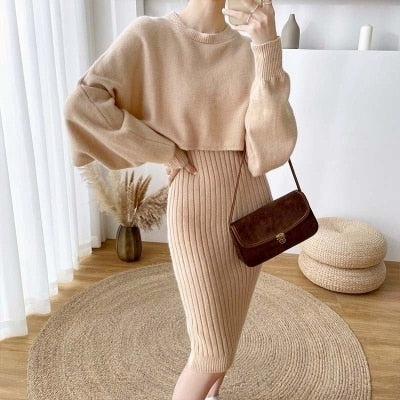 2021 New Arrival Fall/Winter Women's Soft Knitted Bat Sleeve O-Neck Sweater and Long Vest Two-Piece Dress Set