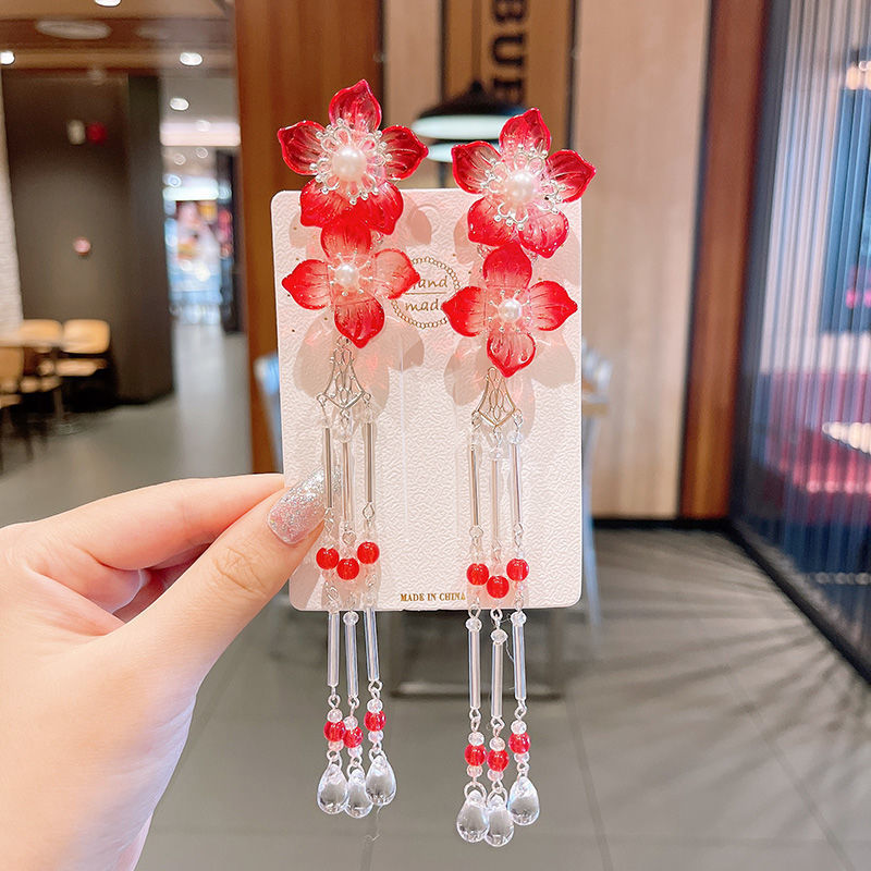 2 Pieces per Set of New Korean-style Yarn-made Elegant Butterfly-shaped Hairpin Flowers with Metal Tassels - Long Hairgrips for Party - A Combo of Fashionable Hair Accessories Hair Clip