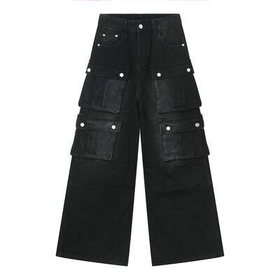 Sturdy Multi-Pocket Wide-Leg Cargo Jeans with Non-Stretch Fabric