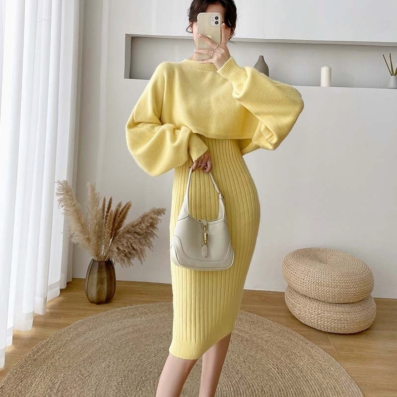 2021 New Arrival Fall/Winter Women's Soft Knitted Bat Sleeve O-Neck Sweater and Long Vest Two-Piece Dress Set