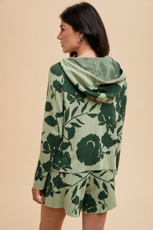 Annie Wear Fashionable Flower Pattern Drawstring Hooded Sweater Top and Matching Shorts Set for Casual Wear