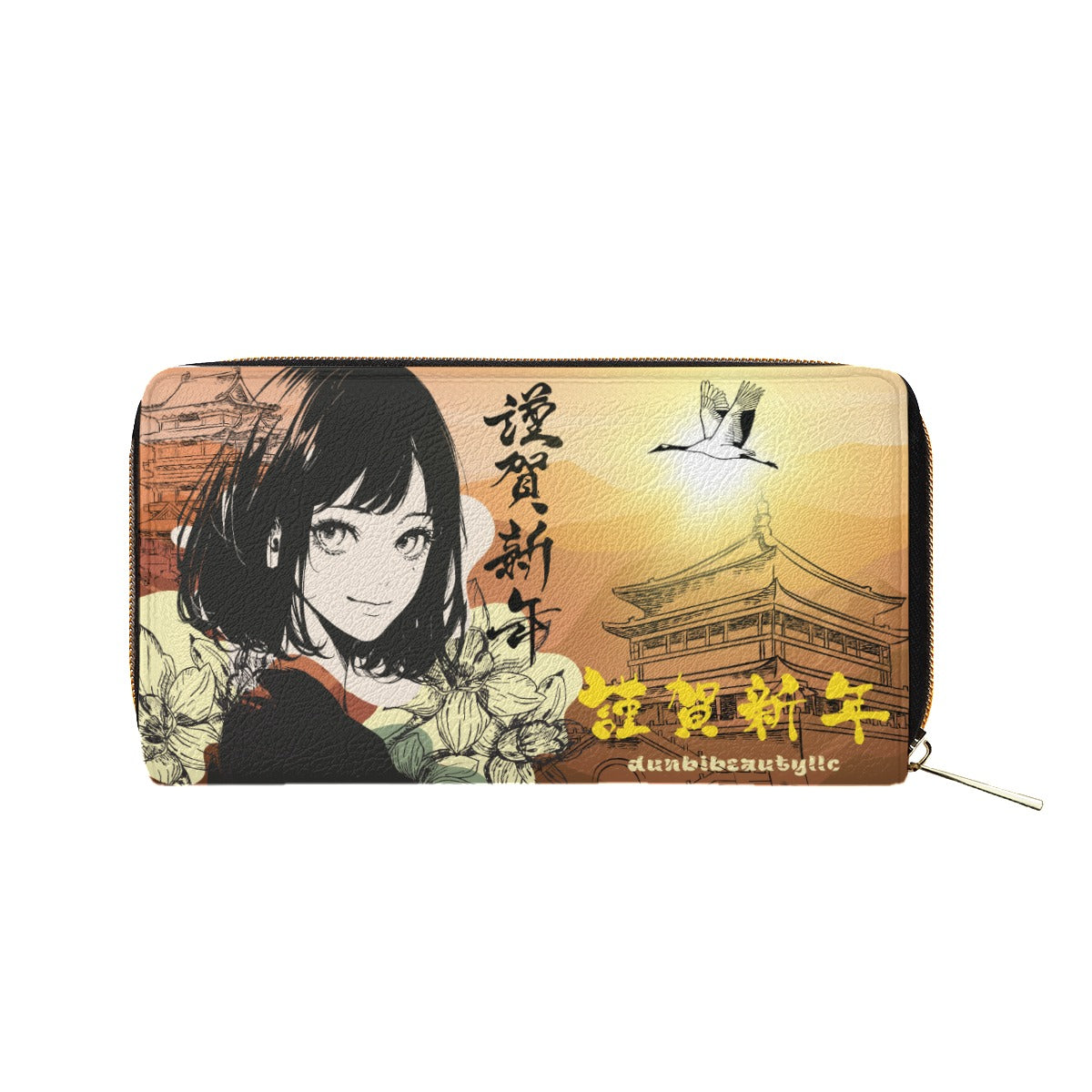 Dunbi-Designed Mini Red Japanese Purse with Crane, Architecture, Girl, Tiger, Kanji, Sunrise