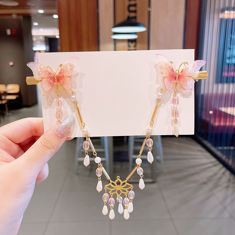 2 Pieces per Set of New Korean-style Yarn-made Elegant Butterfly-shaped Hairpin Flowers with Metal Tassels - Long Hairgrips for Party - A Combo of Fashionable Hair Accessories Hair Clip