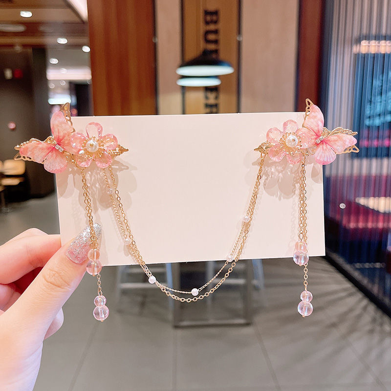 2 Pieces per Set of New Korean-style Yarn-made Elegant Butterfly-shaped Hairpin Flowers with Metal Tassels - Long Hairgrips for Party - A Combo of Fashionable Hair Accessories Hair Clip