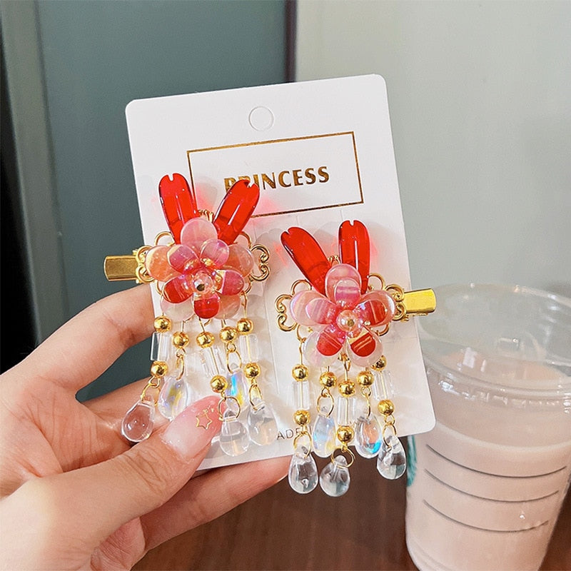 2 Pieces per Set of New Korean-style Yarn-made Elegant Butterfly-shaped Hairpin Flowers with Metal Tassels - Long Hairgrips for Party - A Combo of Fashionable Hair Accessories Hair Clip