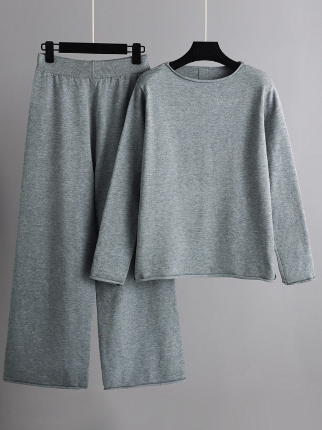 Fashionable Acrylic Rolled Round Neck Sweater Top and Pants Two - Piece Set