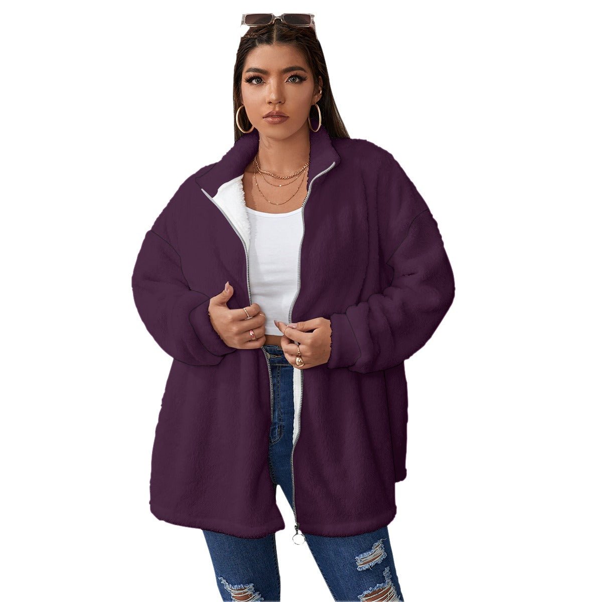 All-Over Print Women's Borg Fleece Stand-up Collar Coat With Zipper Closure (Plus Size) (Designed by Dunbi)
