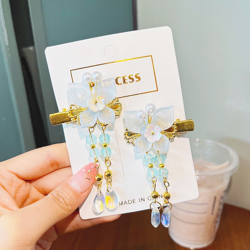 2 Pieces per Set of New Korean-style Yarn-made Elegant Butterfly-shaped Hairpin Flowers with Metal Tassels - Long Hairgrips for Party - A Combo of Fashionable Hair Accessories Hair Clip