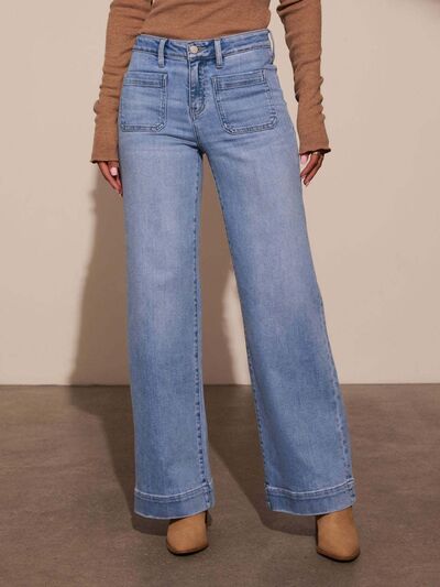Stylish High-Rise Wide-Leg Denim Jeans with Front Pocket Patches
