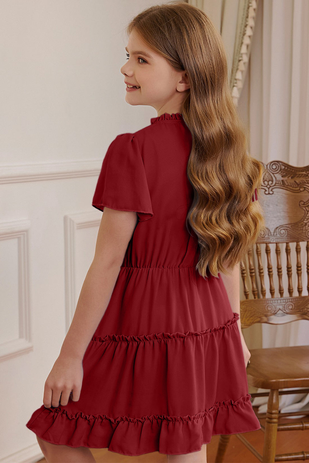 Stylish Girls' Dress with Frilled Notched Neck and Puff Sleeves