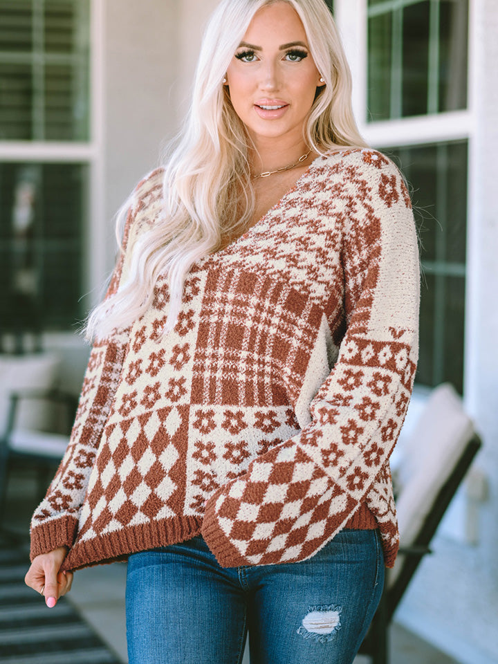 Fashionable Printed V-Neck Long Sleeve Polyester Sweater for Casual Wear