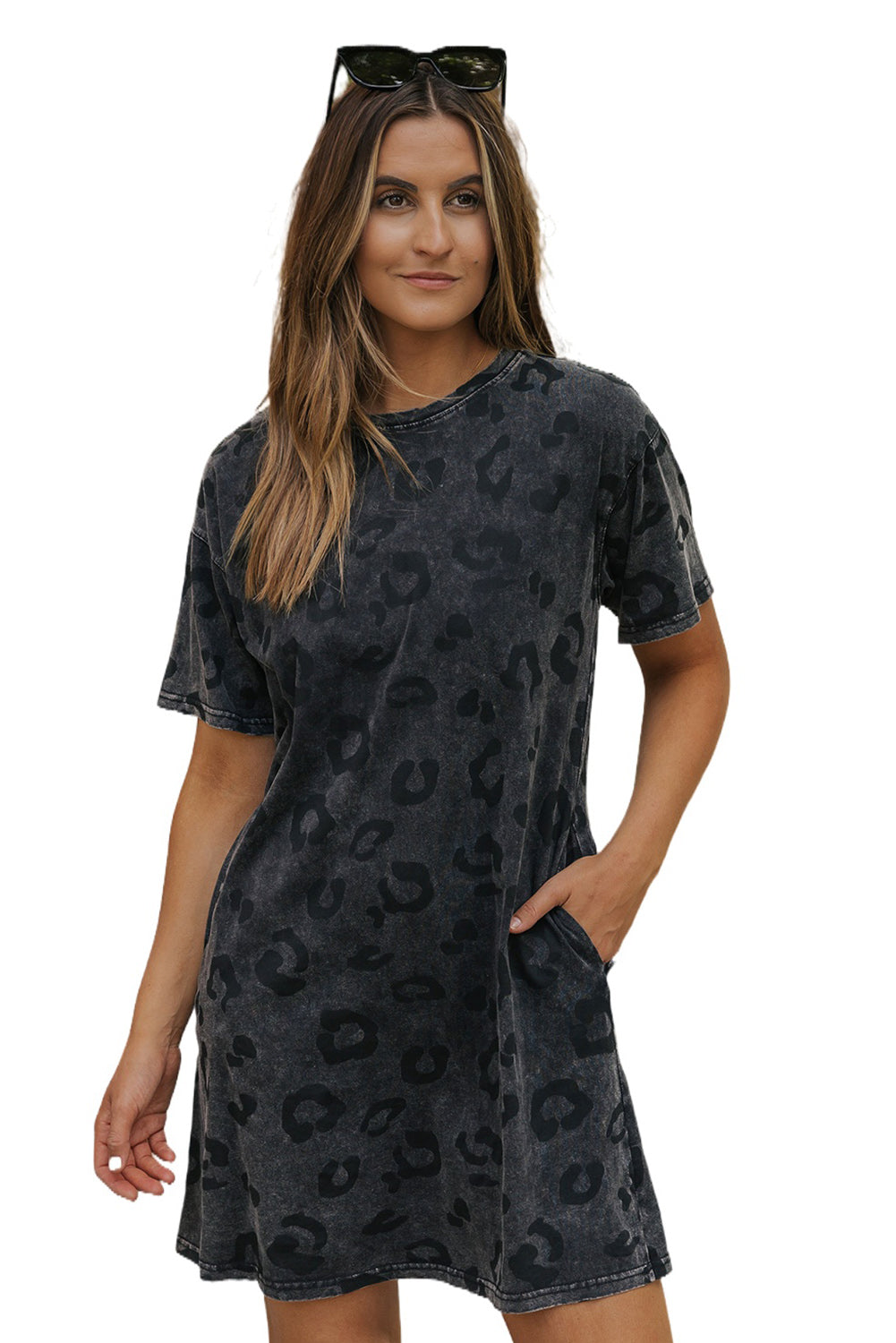 Vintage Gray Washed Leopard Print T-Shirt Dress with Handy Side Pockets