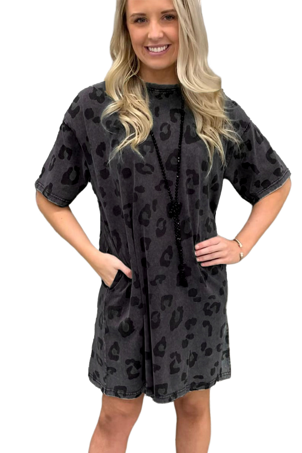 Vintage Gray Washed Leopard Print T-Shirt Dress with Handy Side Pockets