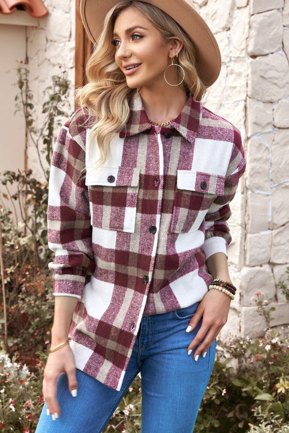 Casual Plaid Dropped Shoulder Pocket Buttoned Shacket for Everyday Wear