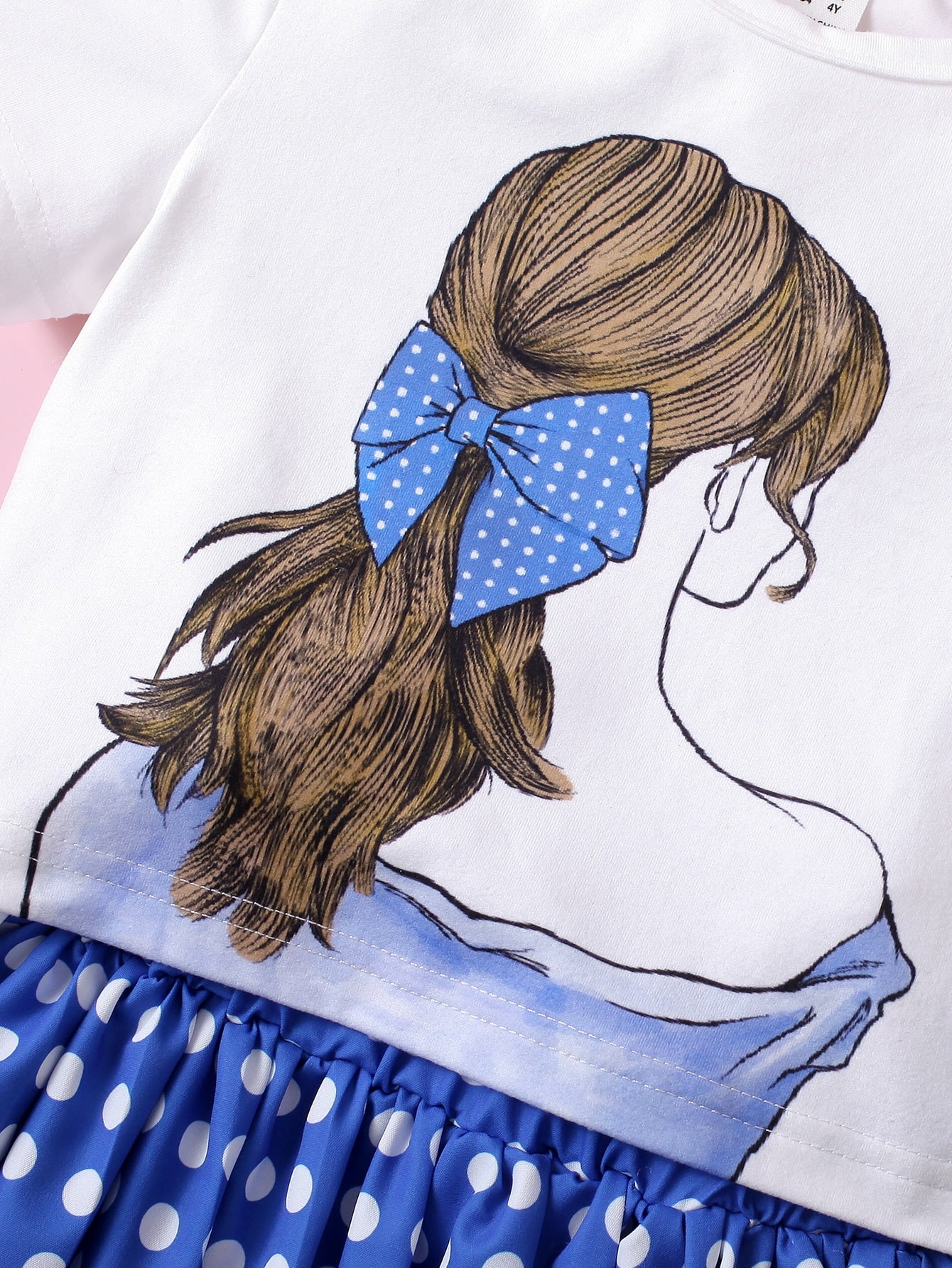 Adorable Graphic Bow Detail Women's Top and Polka Dot Pleated Skirt Fashion Set