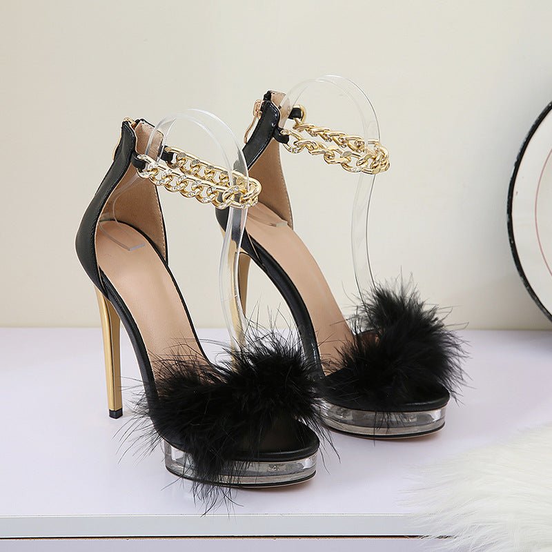Stylish Furry High - Heels Adorned with Rhinestone Chains