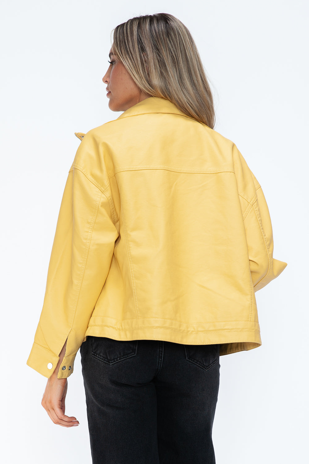 Stylish PU Leather Zip - Up Jacket with Adjustable Drawstring Hem