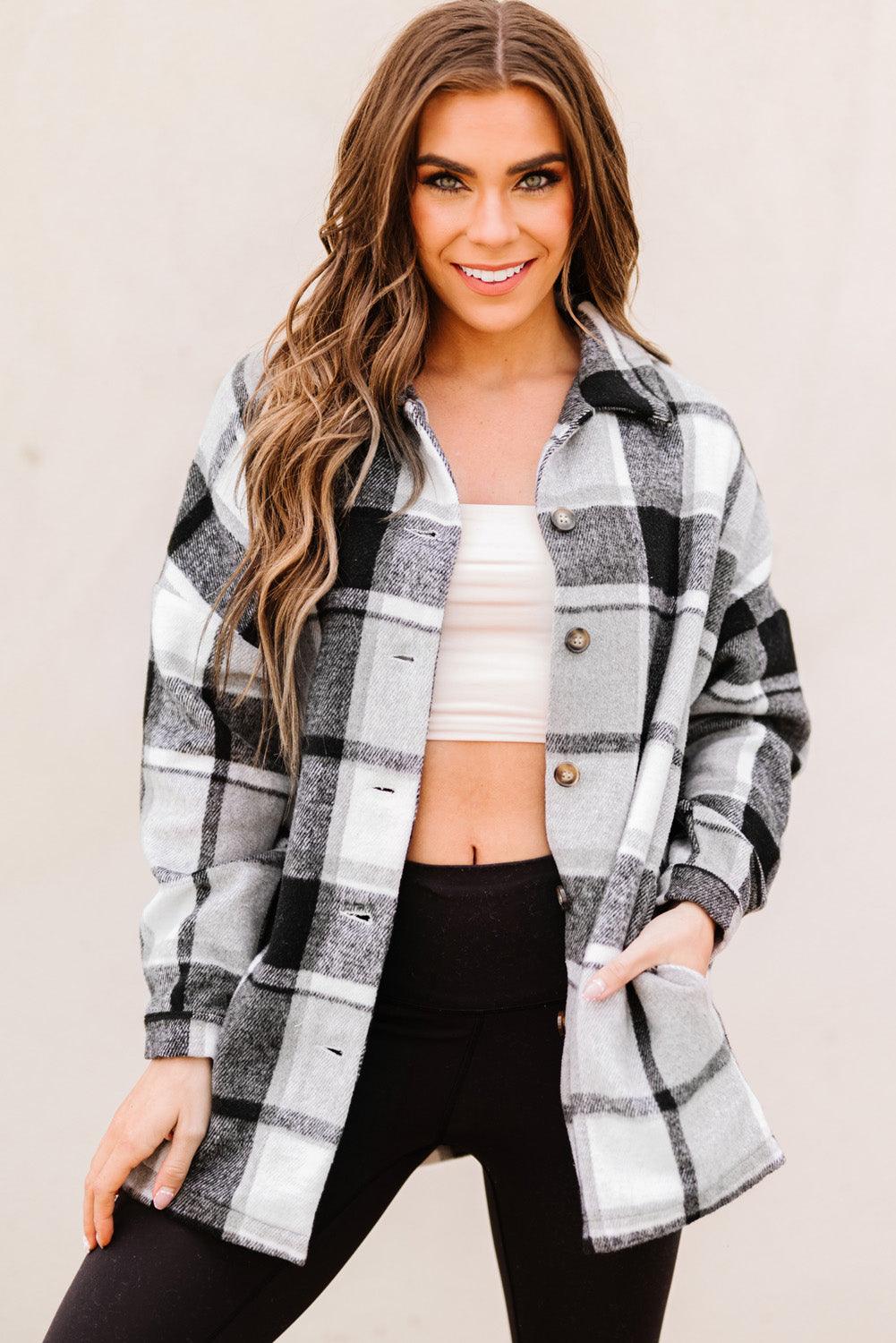 Casual Plaid Dropped Shoulder Pocket Buttoned Shacket for Everyday Wear