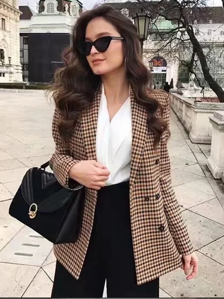 Stylish Autumn Women's Plaid Double - Breasted Blazers for Office Work