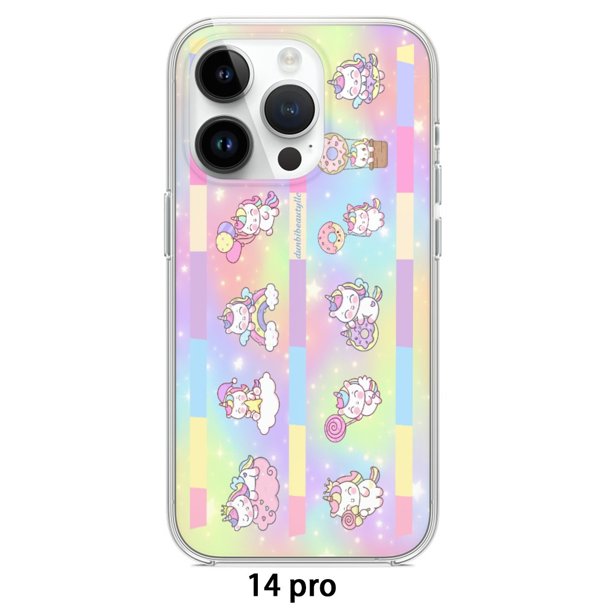 TPU iPhone 14 Series Mobile Phone Case with Adorable Kawaii Unicorn, Pastel Rainbow, Clouds, Pink, Purple, Blue, Yellow, Sleepy Unicorn, Hungry Unicorn, Moon, Candy, Donuts, Ice Cream Designs by Dunbi