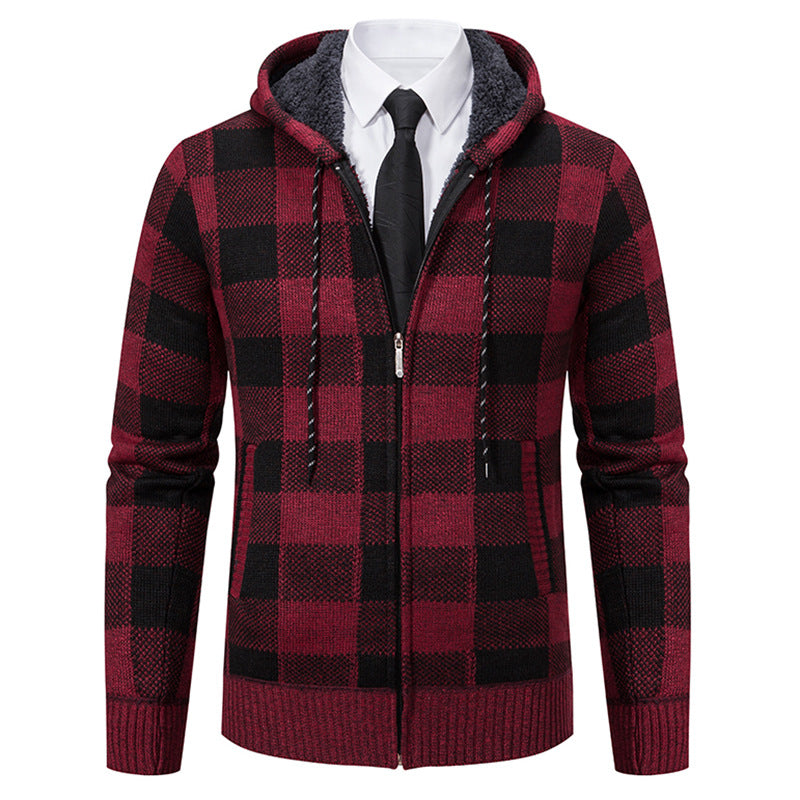 Men's Warm Plaid Thickened Cardigan Sweater Coat