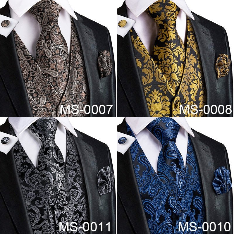 Hi-Tie Men's 4-Piece Luxury Silk Vest, Tie, Handkerchief & Cufflinks Set