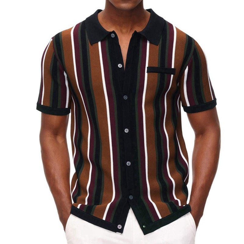 Men's Retro Casual Short Sleeve Polyester Shirt with Stylish Stripes