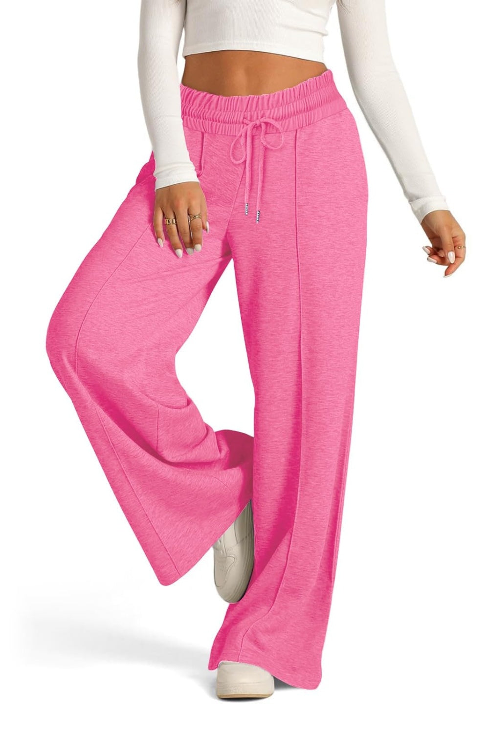 Fashionable Drawstring Elastic Waist Wide Leg Polyester Pants for Comfortable Wear