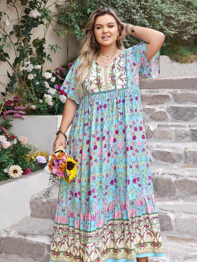 Plus Size Women's Printed Tie Neck and Flutter Sleeve Floor-Length Maxi Dress