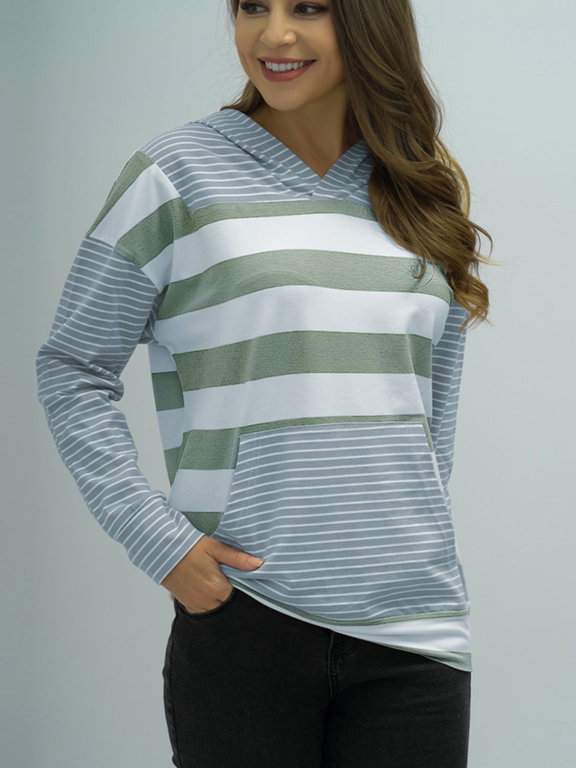 Full-Size Casual Striped Long Sleeve Hooded Pullover Hoodie