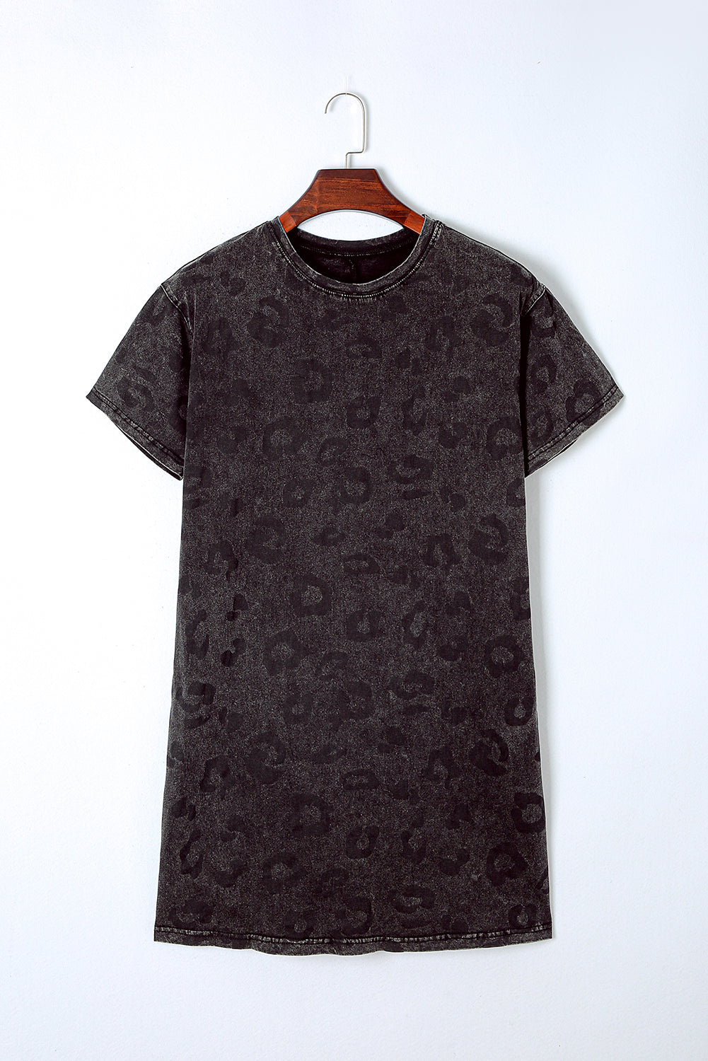 Vintage Gray Washed Leopard Print T-Shirt Dress with Handy Side Pockets