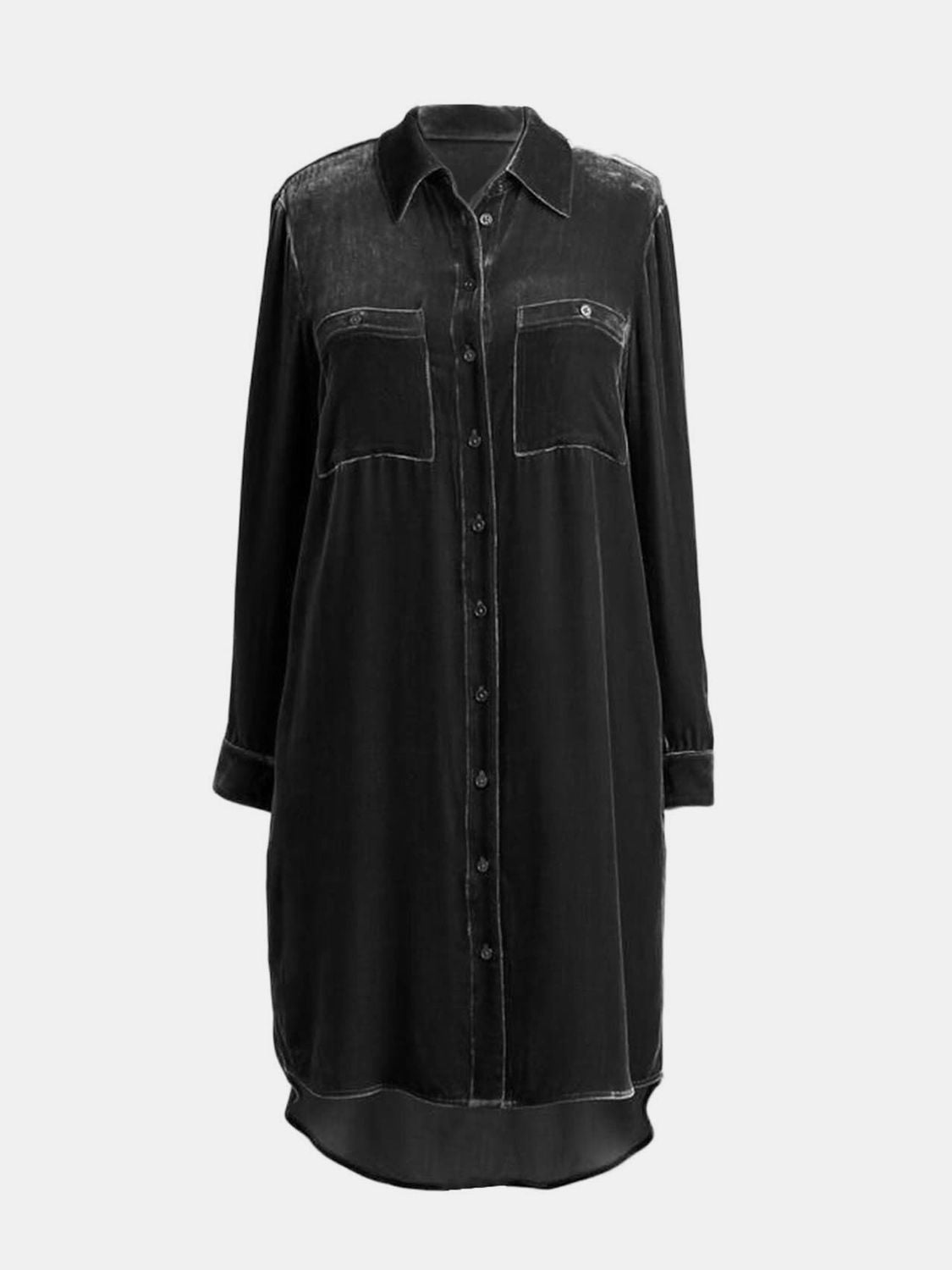 Long Sleeve High-Low Button-Up Knee-Length Opaque Dress with Pockets