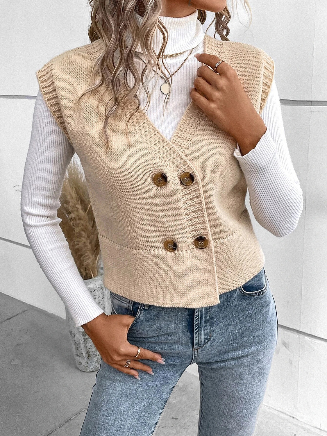 Full-Size V-Neck Button-Up Sweater Vest with Slight Stretch