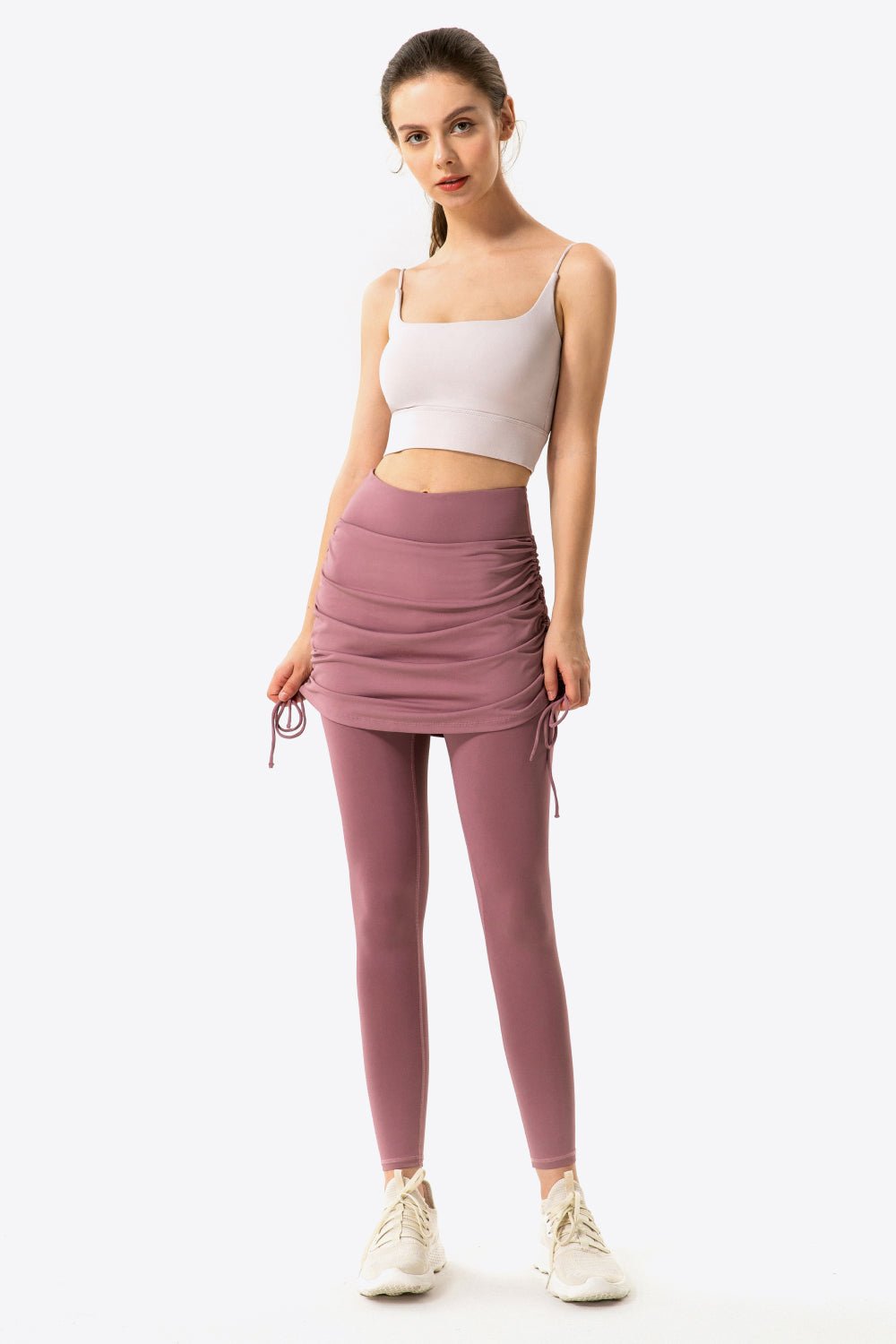 Soft and Breathable Drawstring Ruched Faux Layered Stretch Yoga Leggings